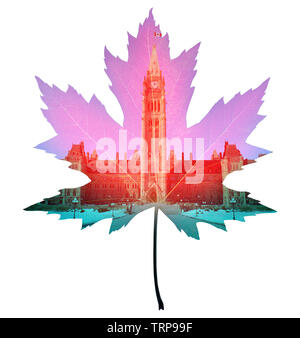 Canada maple leaf simbolo come un icona canadese come una casa del parlamento a Ottawa o House of Commons come una immagine composita. Foto Stock