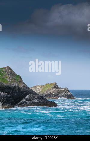 Il pulcino, la rocciosa isola disabitata dietro Kelsey testa sulla North Cornwall Coast. Foto Stock