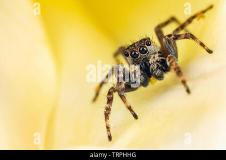 Un marrone jumping spider sul petalo giallo in sfondo giallo Foto Stock