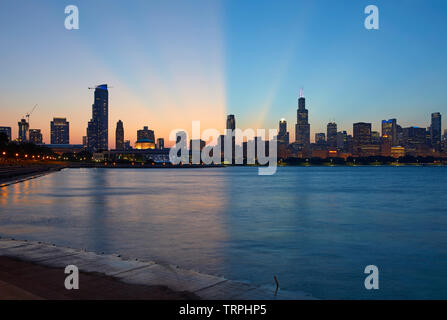 Sullo skyline di Chicago al tramonto, Chicago, Illinois, Stati Uniti Foto Stock