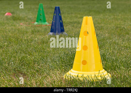 Di colore giallo brillante, blu e verde di plastica coni sport sull'erba verde. Sport coaching, il concetto di formazione, palestra tempo, giochi all'aperto. Messa a fuoco selettiva Foto Stock