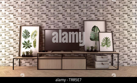Smart Tv mock-up sulla stanza vuota, rock parete Piastrelle in moderno interno vuoto. Il rendering 3D Foto Stock