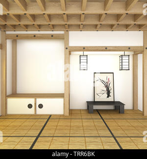 Grande design roominterior nel soggiorno moderno con nero a bassa tabella ,lampada,vase, e decor di stile Japanses. Il rendering 3D Foto Stock