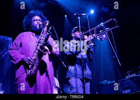 Manchester REGNO UNITO. Il 24 maggio 2019. Musicista jazz Kamasi Washington e la sua band in concerto presso l'Accademia, Manchester, Regno Unito Foto Stock