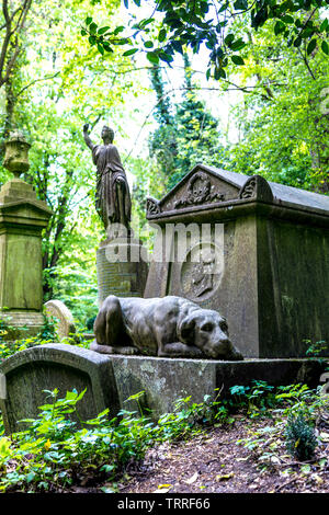 Scultura di Lion il cane, chief mourner sulla tomba del boxer / pugilist Tom Sayers Highgate West cimitero, London, Regno Unito Foto Stock