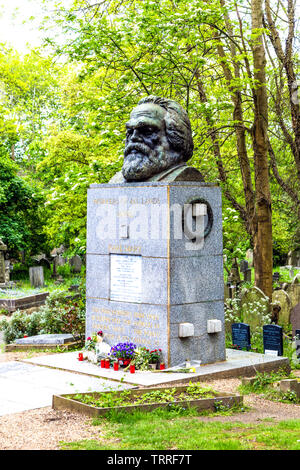 Tomba di Karl Marx con busto sulla parte superiore di un piedistallo, Highgate est cimitero, London, Regno Unito Foto Stock