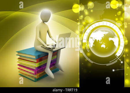 3d uomo seduto su libri e lavorando al suo computer portatile Foto Stock