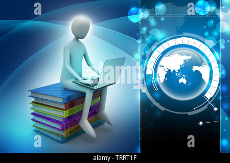 3d uomo seduto su libri e lavorando al suo computer portatile Foto Stock