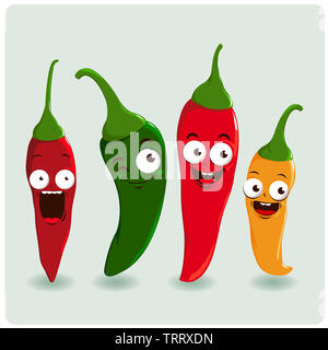 Peperoncino piccante di diversi colori e dimensioni. Felice peperoncino cartoni animati. Foto Stock