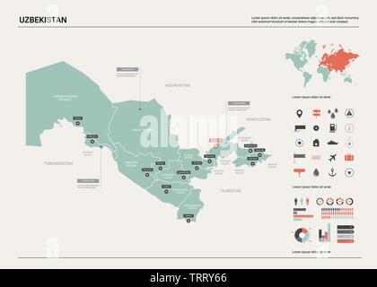 Mappa vettoriale dell Uzbekistan. Mappa del paese con la divisione, la città e la capitale Tashkent. Mappa politico, mappa del mondo, elementi infografico. Illustrazione Vettoriale