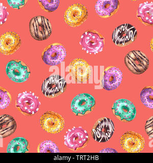 Serie di acquerelli di mano bozzetto illustrazione delle vetrate colorate le ciambelle isolati su coral colore di sfondo. Modello senza giunture Foto Stock
