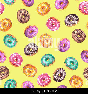 Serie di acquerelli di mano bozzetto illustrazione delle vetrate colorate le ciambelle isolato su sfondo giallo. Modello senza giunture Foto Stock