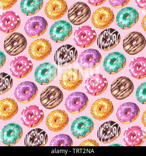 Mano ad acquerello bozzetto illustrazione delle vetrate colorate le ciambelle isolato su sfondo rosa Foto Stock