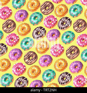 Mano ad acquerello bozzetto illustrazione delle vetrate colorate le ciambelle isolato su sfondo giallo Foto Stock