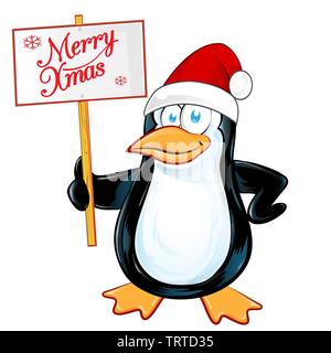 Pinguin Babbo Natale con buon natale cartello. Illustrazione isolato Illustrazione Vettoriale
