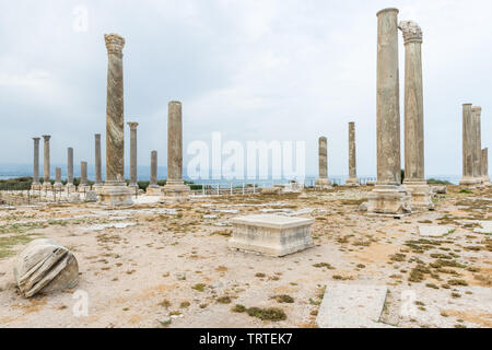 Colonnato in strada al Mina sito archeologico, pneumatico, Libano Foto Stock