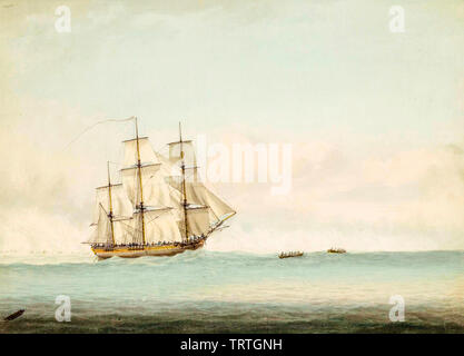 HMS Endeavour al largo delle coste del New Holland (Australia), pittura, 1794 Foto Stock