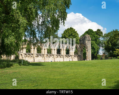 Rovine di St Marys Abbey risalente al 1088 nel Museo Giardini della città di York Yorkshire Inghilterra Foto Stock