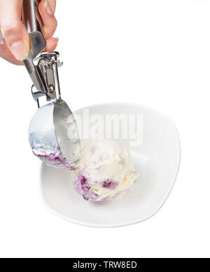 Mettere mirtillo gelati in vaschetta tramite disher scoop isolato su bianco backgrouns Foto Stock