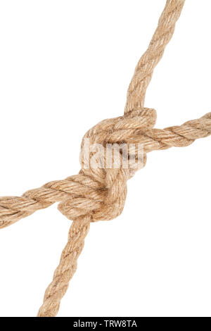 Hunter's bend knot unendo due funi close up isolati su sfondo bianco Foto Stock