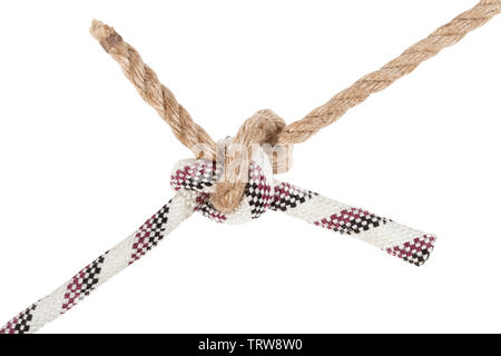 Rigger's bend knot unendo due funi close up isolati su sfondo bianco Foto Stock