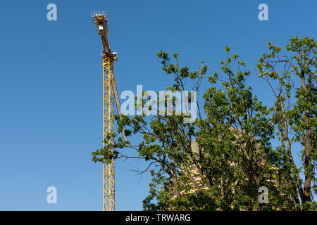 Berlino, Germany-September 18, 2018: lavori di restauro nel centro di Berlino ,vista del Palazzo di Berlino e gru di carico dal fiume Spree Foto Stock