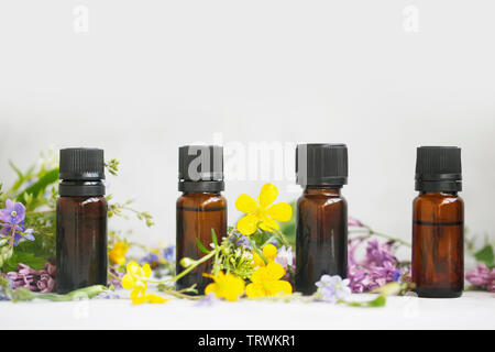 Gli olii aromatherapy. Olio essenziale bottiglia con erbe, fiori e piante medicinali, medicina alternativa Foto Stock