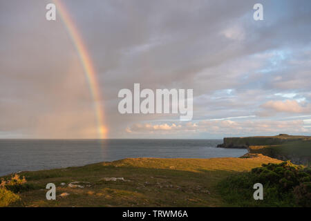 Ampia oasi in una serata estiva con un arcobaleno sul mare, Pembrokeshire Coast, Wales, Regno Unito Foto Stock