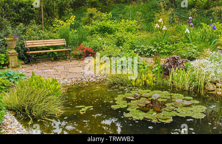 Un stagno in un nord est giardino italiano durante la primavera Foto Stock