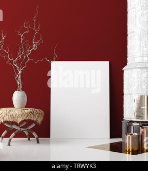 Mock up poster in living room interior, stile bohemien, 3D render Foto Stock