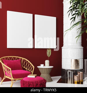 Mock up poster in living room interior, stile bohemien, 3D render Foto Stock