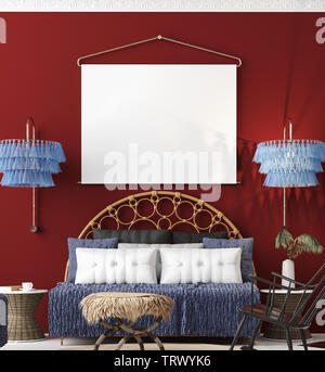 Mock up poster in living room interior, stile bohemien, 3D render Foto Stock