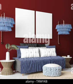 Mock up poster in living room interior, stile bohemien, 3D render Foto Stock