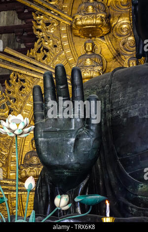 Lato destro del Grande Buddha (Daibutsu) nella sala principale del Tempio di Todai-ji Pagoda di Nara, Giappone. Foto Stock