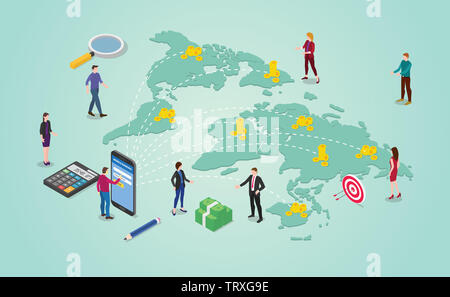 Per il trasferimento di denaro con il concetto di Popolo di inviare denaro in tutto il mondo la destinazione globale o internazionale con vista isometrica 2d stile - illustrazione vettoriale Foto Stock