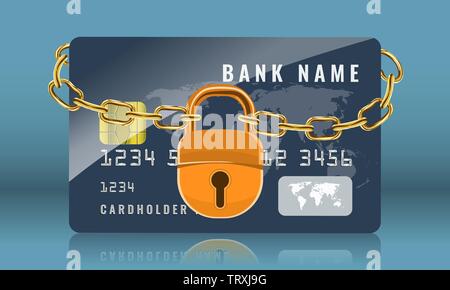 Carta di credito bloccata con aurea catena e lucchetto dorato. La protezione e la sicurezza del concetto. Illustrazione Vettoriale. Illustrazione Vettoriale