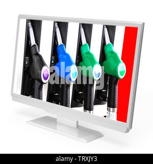 Monitor PC o TV con erogatori di carburante sulle videate, isolato su sfondo bianco. Il rendering 3D Foto Stock