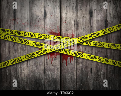 Scena del crimine di non attraversare il nastro con parete di sanguinose background. tema horror Foto Stock