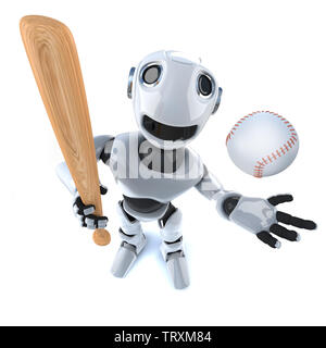 3D render di un cartone animato robot a giocare a baseball Foto Stock