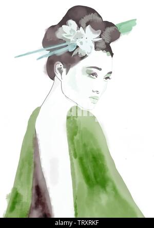 La Geisha. Geisha pittura. Ragazza con i fiori nei capelli. Donna asiatica. Foto Stock