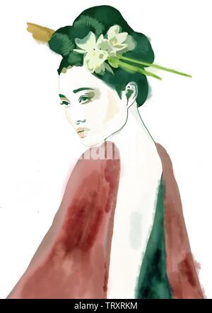 La Geisha. Geisha pittura. Ragazza con i fiori nei capelli. Donna asiatica. Foto Stock