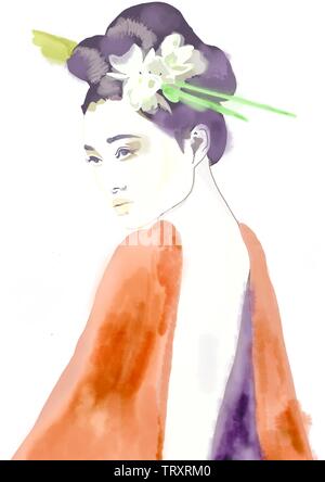 La Geisha. Geisha pittura. Ragazza con i fiori nei capelli. Donna asiatica. Foto Stock