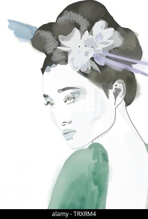 La Geisha. Geisha pittura. Ragazza con i fiori nei capelli. Donna asiatica. Foto Stock