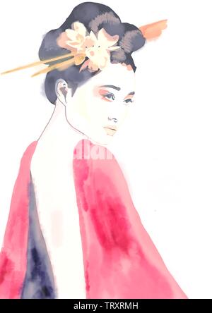 La Geisha. Geisha pittura. Ragazza con i fiori nei capelli. Donna asiatica. Foto Stock