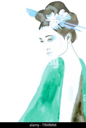 La Geisha. Geisha pittura. Ragazza con i fiori nei capelli. Donna asiatica. Foto Stock