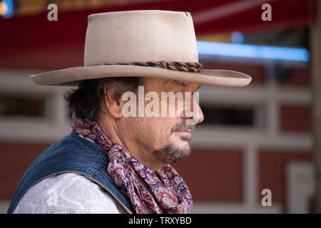 Caratteri colorati a Fort Worth Stockyards museo vivente, Texas, Stati Uniti d'America. Foto Stock