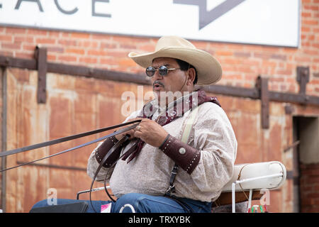 Caratteri colorati a Fort Worth Stockyards museo vivente, Texas, Stati Uniti d'America. Foto Stock