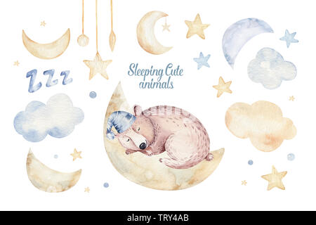 Carino dreaming cartoon animale disegnato a mano illustrazione ad acquerello. Sleeping charecher bambini usura vivaio fashion design, baby doccia invito Foto Stock