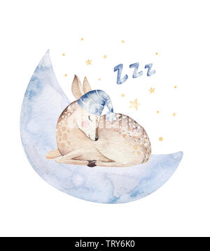 Carino dreaming cartoon deer animale disegnato a mano illustrazione ad acquerello. Sleeping charecher bambini usura vivaio fashion design, baby doccia invito Foto Stock