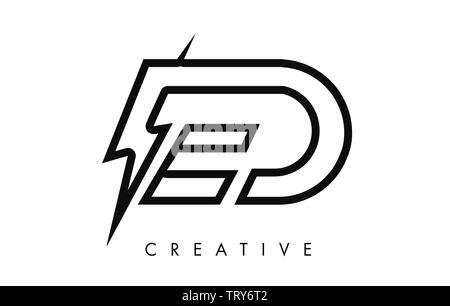 ED Lettera Logo Design con illuminazione Thunder bullone. Chiavistello elettrico lettera Logo illustrazione vettoriale. Illustrazione Vettoriale